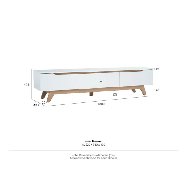 Miah TV Console 1.8m - Natural, White - 10 - White minimalist table, 425mm height, 250mm width, 1800mm depth, 105mm