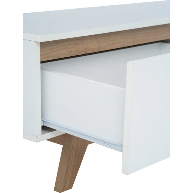 Miah TV Console 1.8m - Natural, White - 6 - White modern desk with wooden top and drawer, minimalist design, clean lines