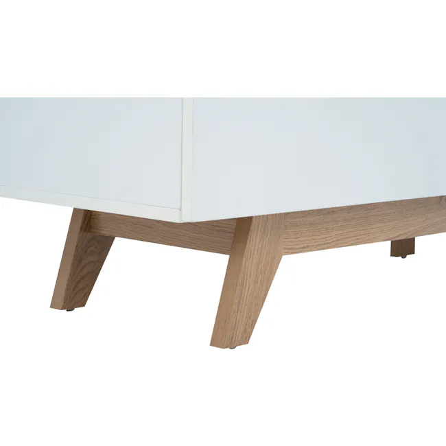 Miah TV Console 1.8m - Natural, White - 8 - Wooden table with white top, wooden legs, minimalist design, natural wood grain