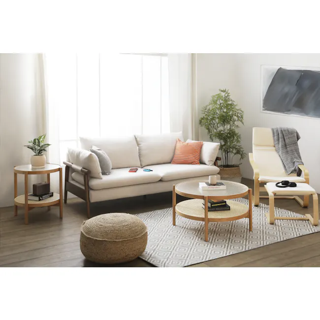 Astrid 3 Seater Sofa - Walnut, Ivory - 2 - Modern living room with white walls, large window with sheer curtains, minimalist