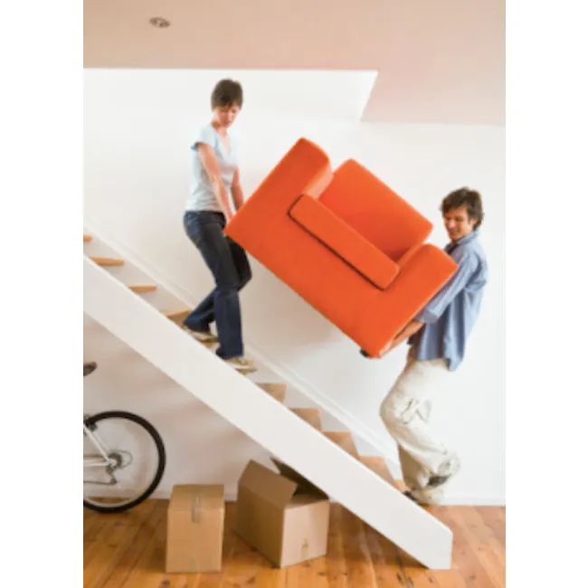 Staircase charge - 1 - Orange sofa, moving stairs, two people, bicycle, cardboard boxes, indoor setting, casual attire