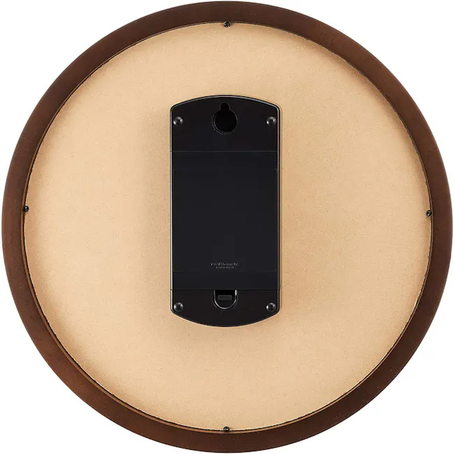 Campagne Clock - Brown - 6 - Black rectangular device, mounted on circular frame, beige background, small screw holes, matte