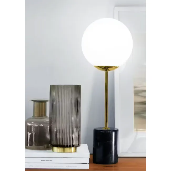 Amelia Table Lamp - Brass - 4 - Modern lamp with gold base and white spherical shade, sleek black base, reflective glass