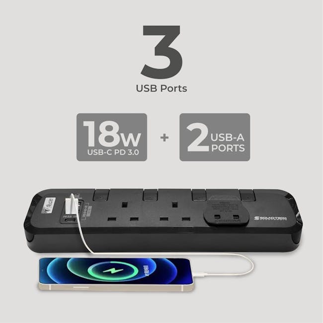 SOUNDTECH 3Way 3M USB A+C Quick Charger Power Strip With Surge Protection (PS-318C) - 5