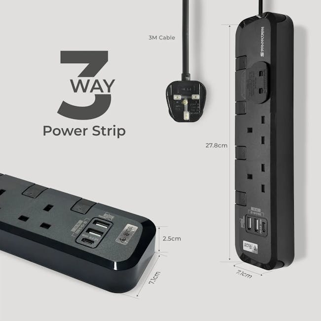 SOUNDTECH 3Way 3M USB A+C Quick Charger Power Strip With Surge Protection (PS-318C) - 4