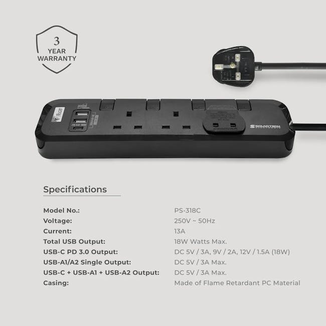 SOUNDTECH 3Way 3M USB A+C Quick Charger Power Strip With Surge Protection (PS-318C) - 6