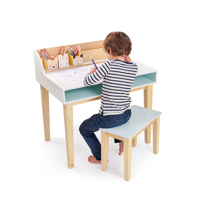 Tender Leaf Pet Pencil Holders - 4 - Wooden desk, child sitting, pencil holder, child's drawing, child's artwork, child's