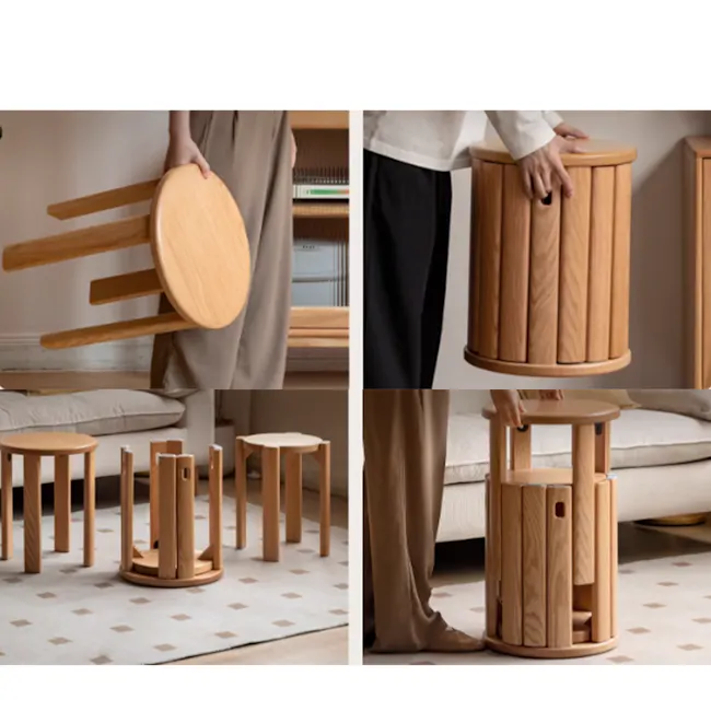 Coree Stackable Stool Set / Side Table - Oak - 2 - Wooden stool, minimalist design, round top, light wood finish, compact