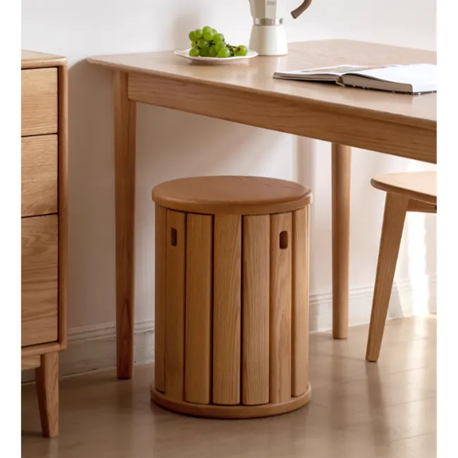 Coree Stackable Stool Set / Side Table - Oak - 17 - Wooden desk, minimalist design, light wood finish, round stool, side