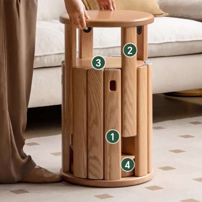 Coree Stackable Stool Set / Side Table - Oak - 18 - Wooden stool with multiple compartments, Adjustable stool legs, Compact
