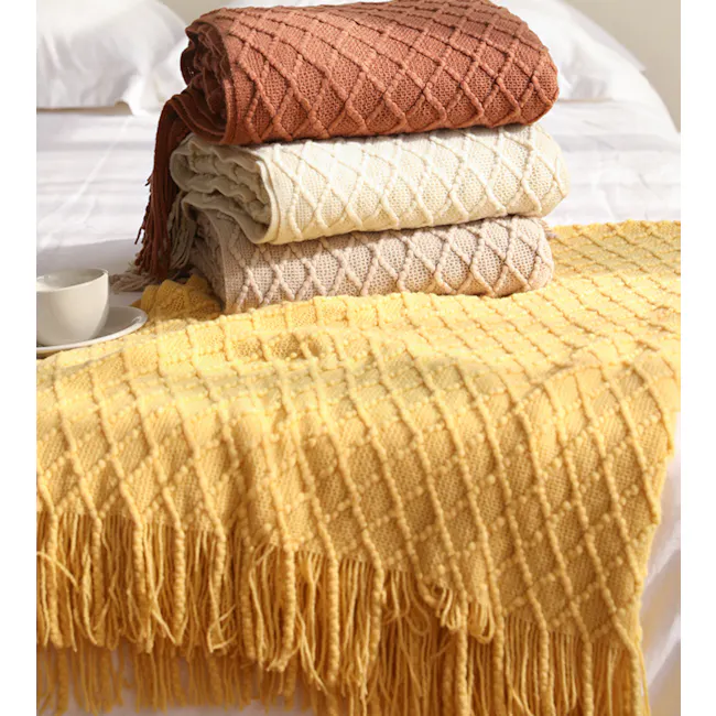 Hanako Knitted Throw - Mustard - 8 - Soft, cozy throw blankets in warm earthy tones, including brown, beige, and yellow