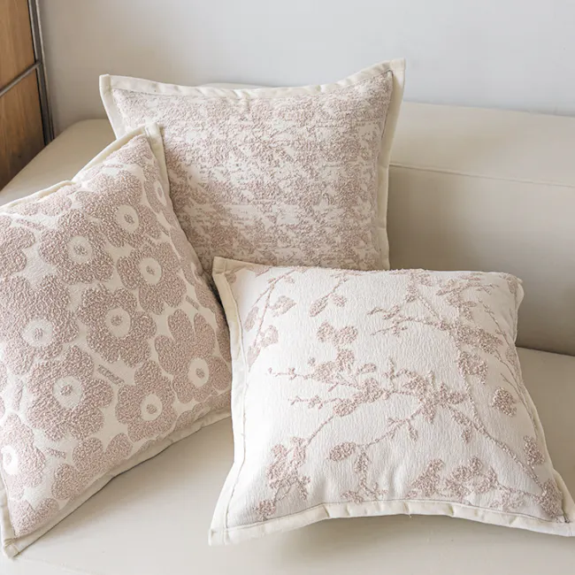 Blush Sakura Embroidered Cushion - 5 - Floral-patterned, textured, beige, cushioned, decorative, elegant, cozy, soft