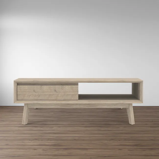 Leland Twin Drawer Coffee Table - 10 - Wooden sideboard, minimalist design, rectangular shape, light wood finish, open