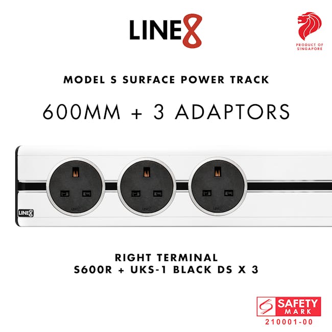 Line8 Power Track 600mm + 3 Adaptors Bundle - Pearl White - 6 - Surface Power Track with Right Terminal, UKS-1 Black DS
