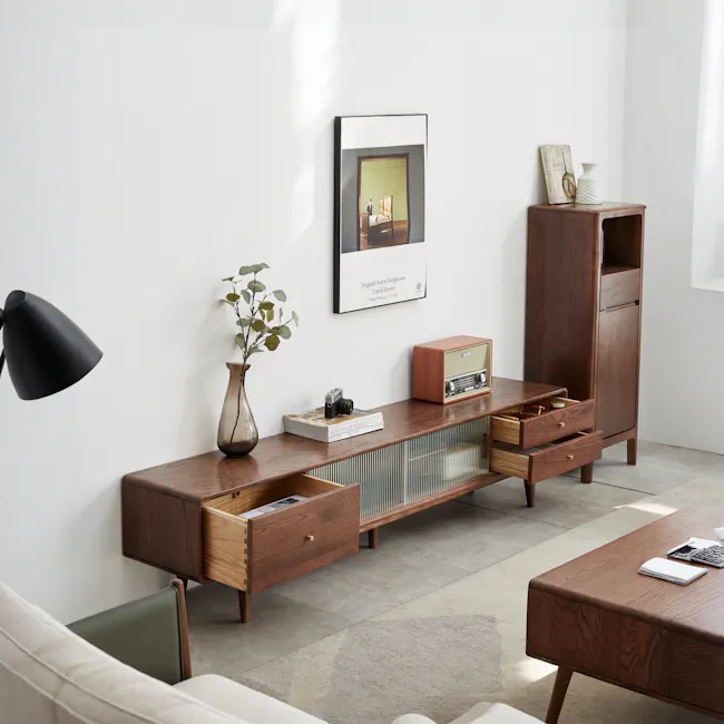 Lucia TV Console 2m - 14 - Wooden furniture, modern decor, minimalist design, vintage radio, framed picture, green plant