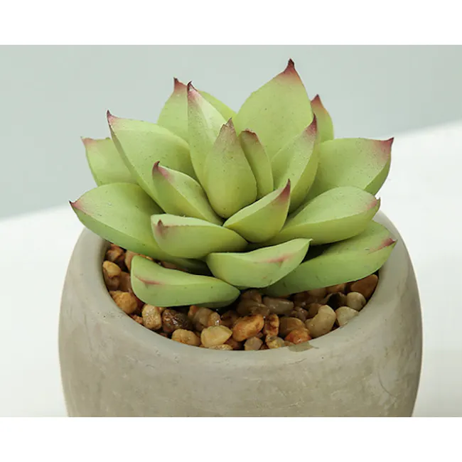 Faux Echeveria with Red Tips in Concrete Planter - 2 - succulent, green, leafy, plant, pot, ceramic, round, tiered