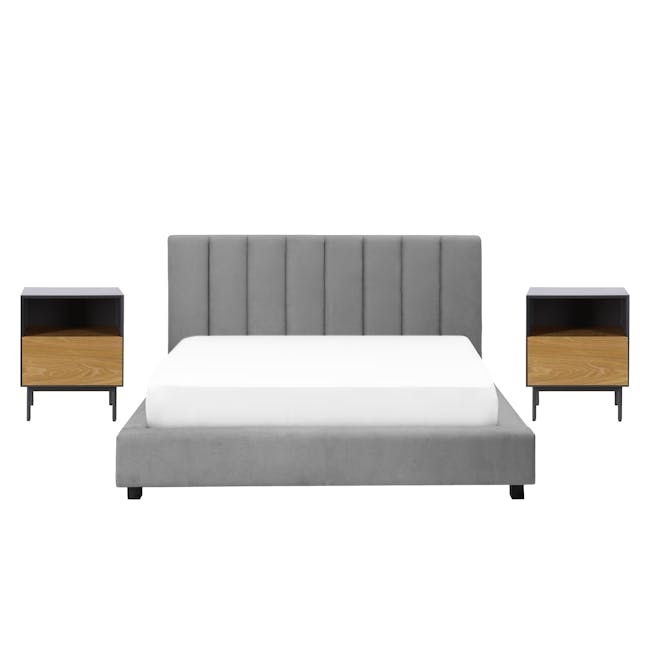 Elliot Queen Bed in Gray Owl with 2 Lewis Bedside Tables in Grey, Oak - 0