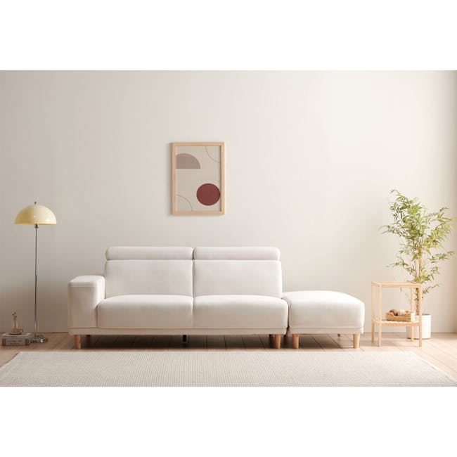 Melysa Ottoman - Ivory (Eco Clean Fabric) - 20 - Minimalist living room, modern furniture, white sofa, wooden legs, floor