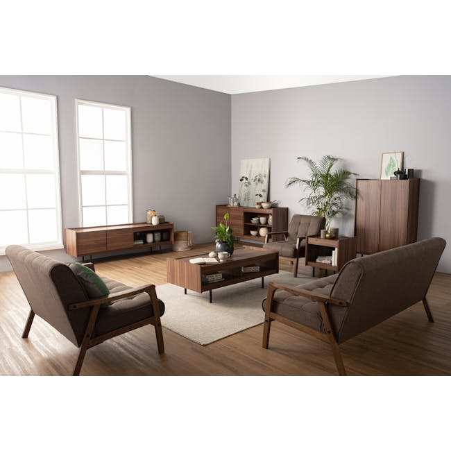 Delani TV Console 1.8m - 3 - Modern living room with large windows, light gray walls, wooden furniture, comfortable