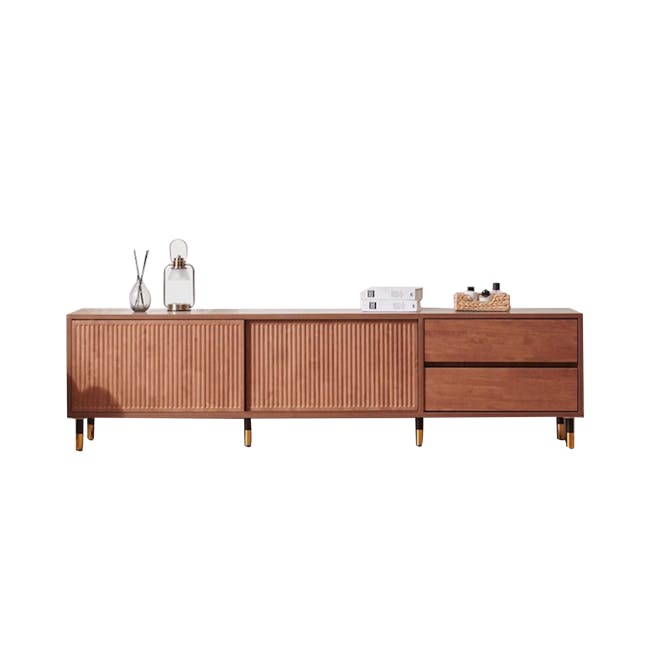 Wember TV Console 2m - Walnut - 1 - Wooden sideboard, modern design, brown wood finish, textured surface, decorative glass