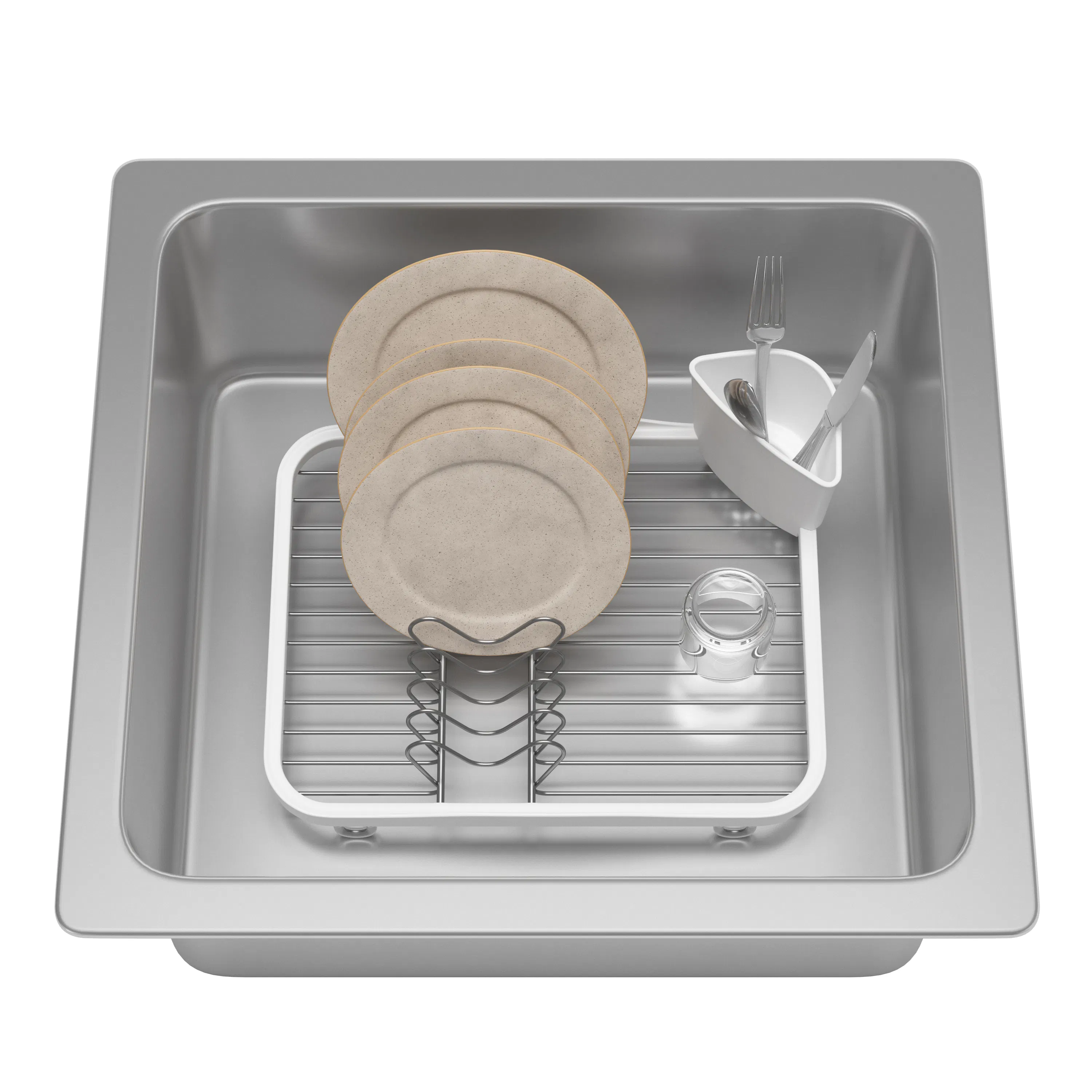 Sinkin Dish Rack - White, Nickel - 13 - silverware rack, stainless steel sink, dish drying rack, plates, plates stack, white