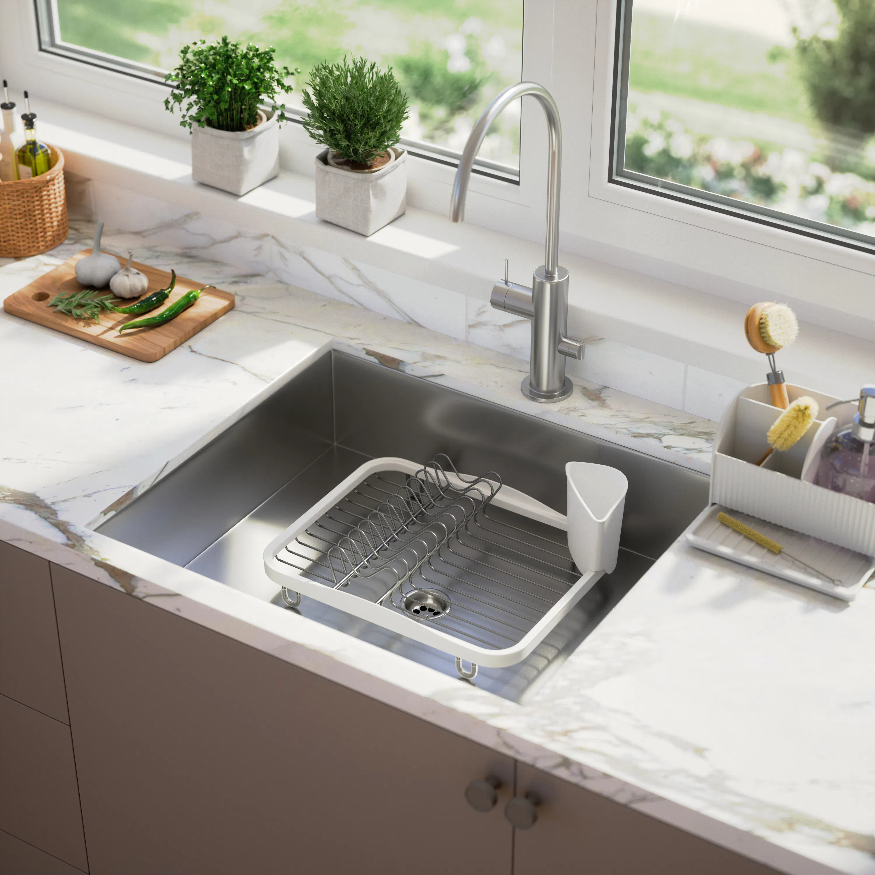 Sinkin Dish Rack - White, Nickel - 14 - Modern kitchen sink, stainless steel design, white countertop, window with greenery