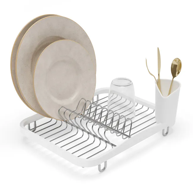 Sinkin Dish Rack - White, Nickel - 11 - Dish set, white dish rack, clean plates, empty plates, stacked plates, modern