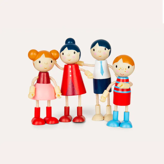 Tender Leaf Doll House - Doll Family - 4 - Wooden figurines, cheerful characters, colorful outfits, red dress, blue tie