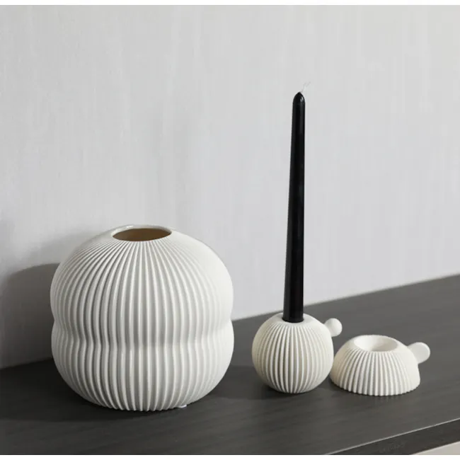 Dossa Round Ribbed Ceramic Vase - 3 - White, ribbed, modern, geometric, vase, candle holder, minimalist, decorative