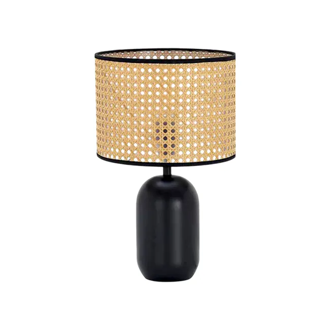 Kaia Wicker Shade Table Lamp - Black - 1 - Gold woven shade, black base, elegant design, textured fabric, circular