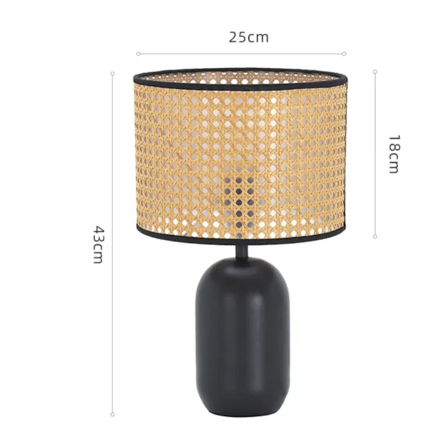 Kaia Wicker Shade Table Lamp - Black - 6 - Durable lamp with woven shade, 25 cm height, 18 cm diameter, black base, 43 cm