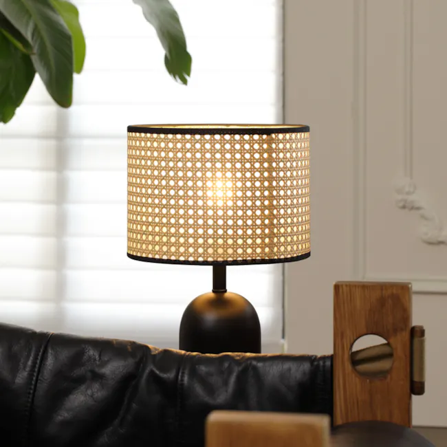 Kaia Wicker Shade Table Lamp - Black - 5 - Modern lamp with intricate lattice design, warm glowing light, black base and