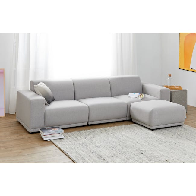 Milan 4 Seater Sofa with Ottoman - Slate (Fabric) - 13 - Light gray sofa, minimalist decor, soft lighting, white curtains