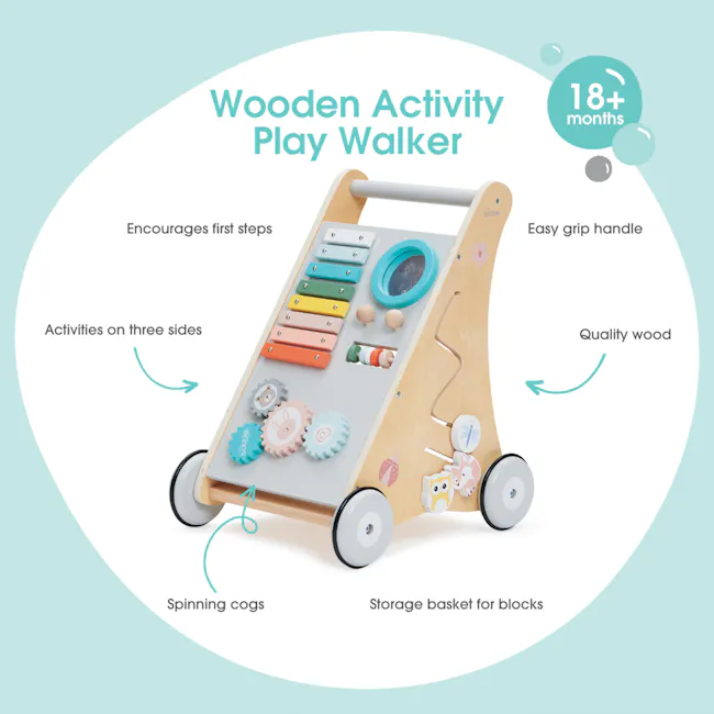 Bubble Wooden Activity Play Walker - 5 - Wooden activity play walker, encourages first steps, activities on three sides