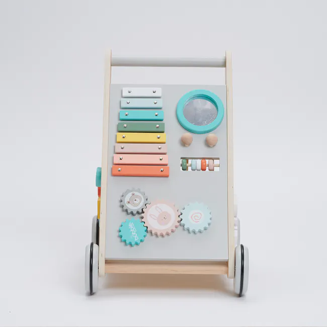 Bubble Wooden Activity Play Walker - 6 - Wooden toy cart with colorful blocks, wooden wheels, small wooden toys, wooden