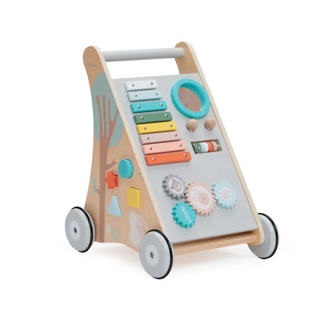 Bubble Wooden Activity Play Walker - 1 - Wooden playset with colorful buttons, toy blocks, and gears, designed for young