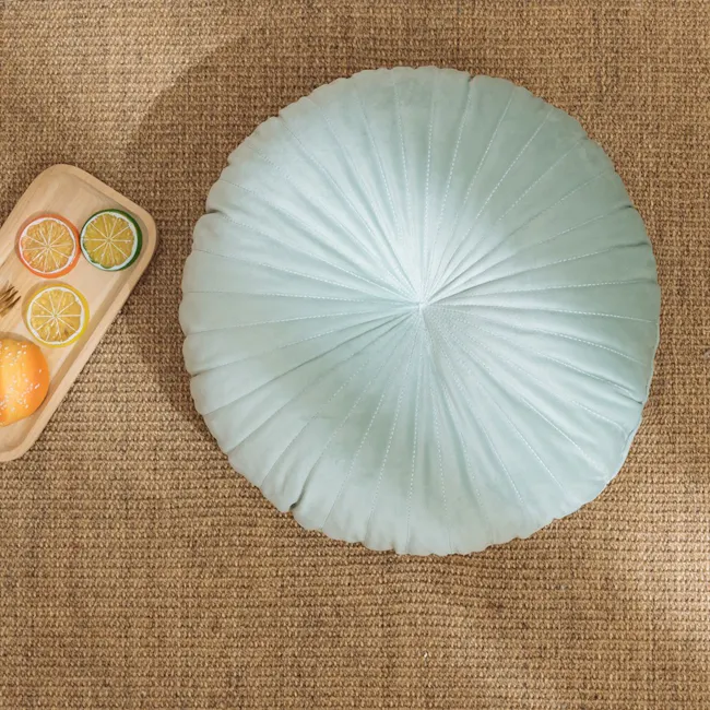 Fenni Round Velvet Cushion - Mint - 2 - leather fan, round fan, light green, pleated, textured surface, woven fabric, rustic