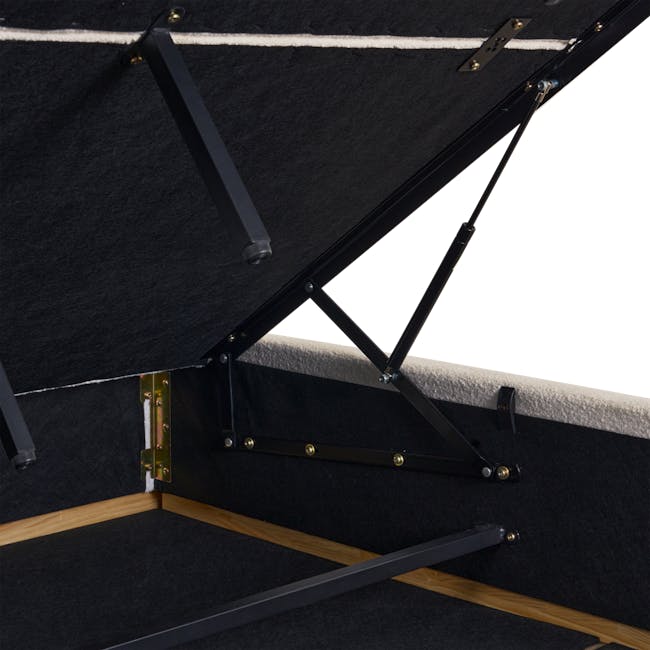 Nova King Storage Bed - Beige Boucle - 14 - Black fabric, metal frame, angled structure, black and gold accents, wooden