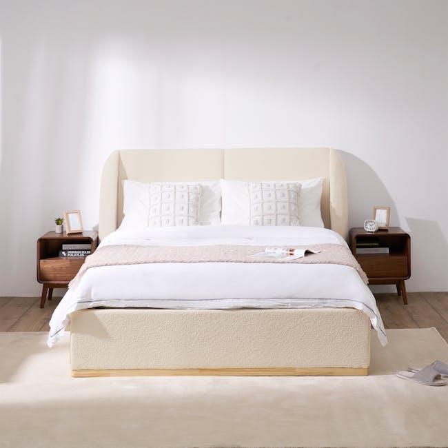 Nova King Storage Bed - Beige Boucle - 2 - Modern minimalist bedroom, cozy bed with beige headboard, white and beige