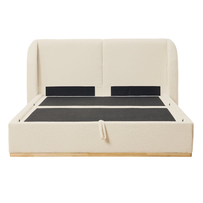 Nova King Storage Bed - Beige Boucle - 4 - Cream-colored, modern, minimalist, rectangular bed frame, black accents, textured
