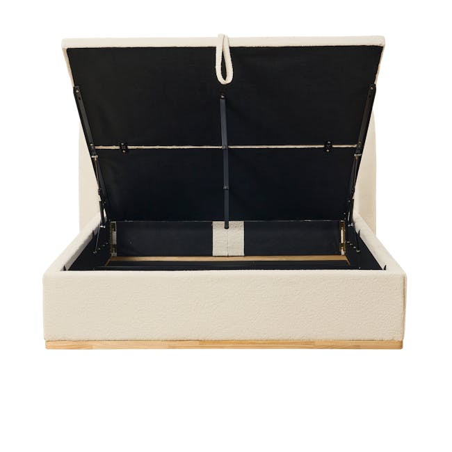 Nova King Storage Bed in Beige Boucle with 2 Natalia Bedside Table - 6 - Black velvet interior, beige carpet, wooden floor
