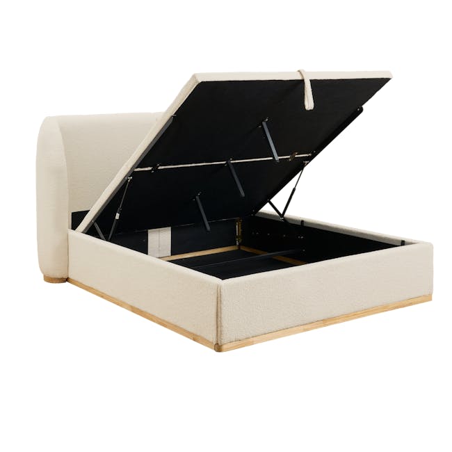 Nova King Storage Bed in Beige Boucle with 2 Natalia Bedside Table - 8 - Modern sofa with open storage compartment, beige