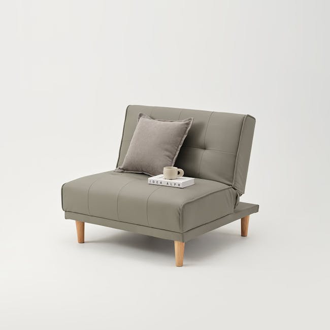 Candice 1 Seater Sofa Bed - Grey (Faux Leather) - 3 - Modern minimalist sofa, light gray upholstery, wooden legs, cozy