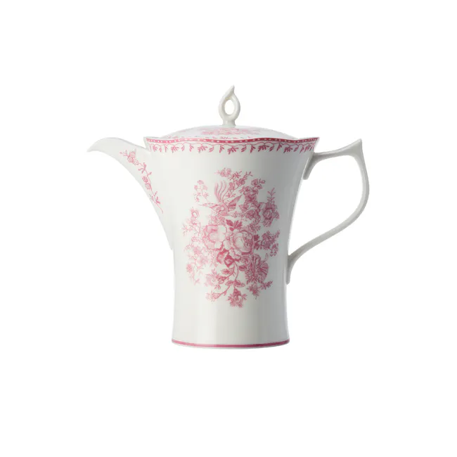 Luzerne Lancaster Garden Beverage Pot - Pink (2 Sizes) - 1 - White enamel pitcher, floral design, elegant tea set, intricate