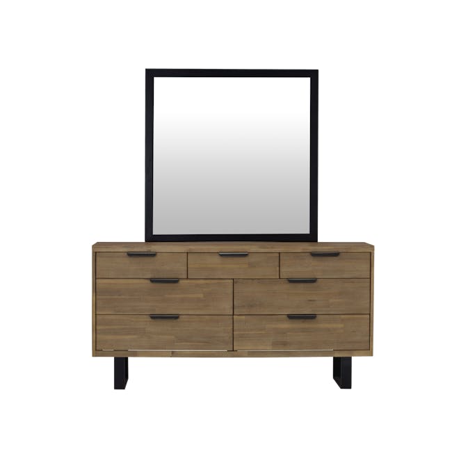 Dakota 7 Drawer Chest 1.55m - 5 - Wooden dresser with black frame, minimalist design, rectangular mirror, wooden texture