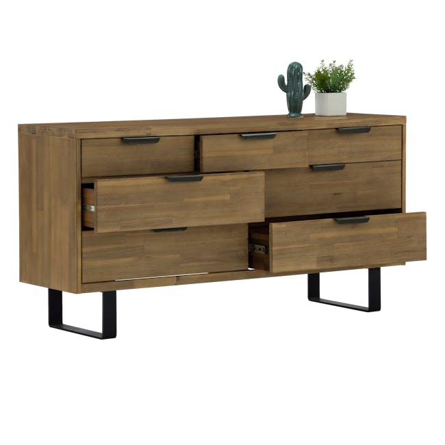 Dakota 7 Drawer Chest 1.55m - 3 - Wooden sideboard, minimalist design, brown finish, black handles, open drawer, decorative