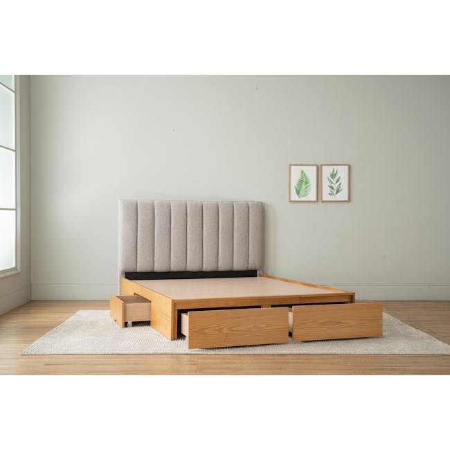 Zephyr 4 Drawer Queen Bed in Oak, Grey Mist with 2 Kyoto Single Shelf Slim Bedside Table in Oak - 4 - Minimalist bedroom