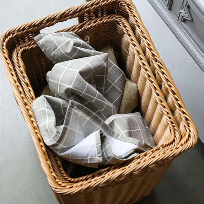Genesis Rattan Basket - 3 - woven basket, fabric, linen, gray checkered, cushion, soft fabric, cozy throw, natural fiber