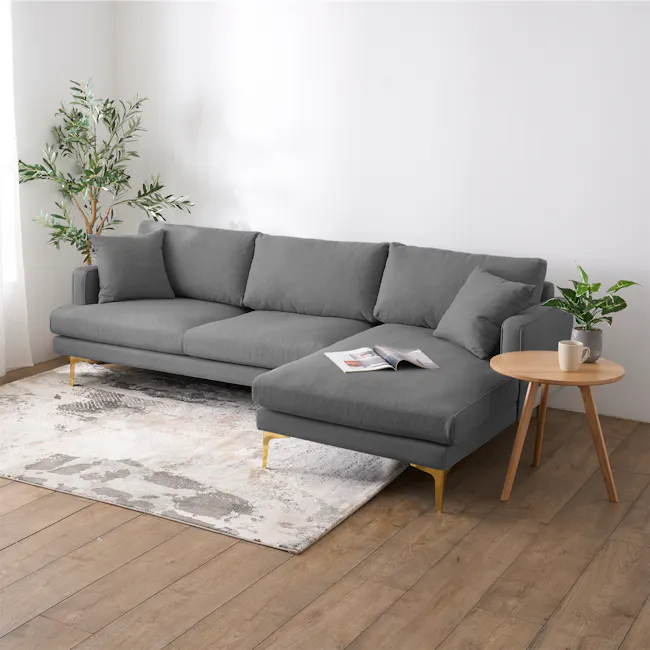 Declan L-Shaped Sofa - Black, Charcoal Grey - 18 - Modern gray sofa, wooden legs, light gray cushions, rustic coffee table