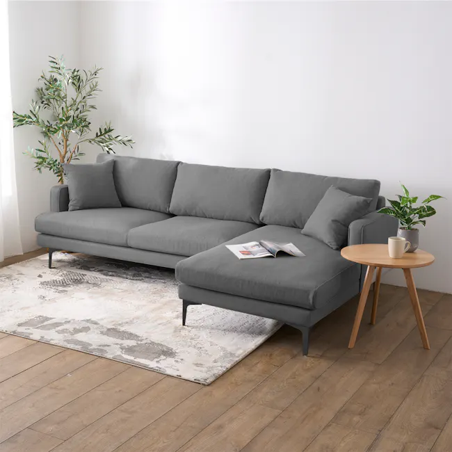 Declan L-Shaped Sofa - Black, Charcoal Grey - 3 - Modern gray sofa, minimalist decor, cozy living room, wooden floor, light